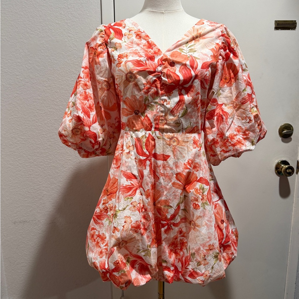Floral Puff Sleeve Blouse - Red and White